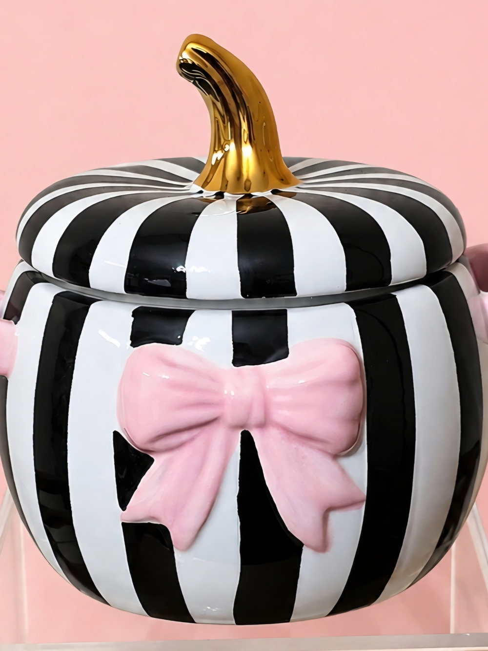 Striped Black & White Ceramic Jar with Pink Bow and Gold Stem
